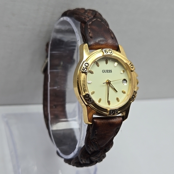 1996 Guess Watch Gold Tone Date Brown Braided Strap Vintage Style New Battery main image 5